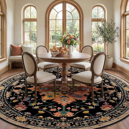 RELEANY Area Rugs Round 8ft Washable Non-Slip, Floral Vintage Distress Print Pattern Medallion Carpet for Living Room Bedroom Dining Room, Black Colorful Floral Dark Tan