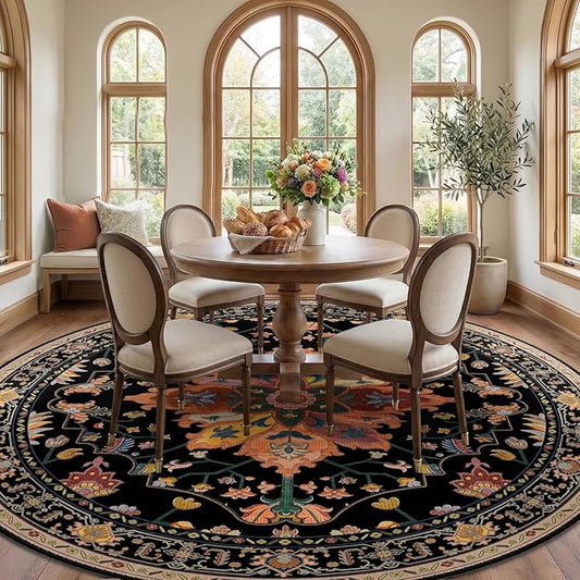 RELEANY Area Rugs Round 8ft Washable Non-Slip, Floral Vintage Distress Print Pattern Medallion Carpet for Living Room Bedroom Dining Room, Black Colorful Floral Dark Tan