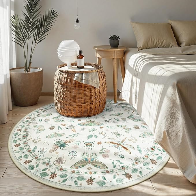 Lahome Insect Washable Round Rugs, Non-Slip Soft Round Rug 4ft Ultra-Thin, Small Boho Circle Carpet for Entryway Kitchen Bedroom Nursery Bathroom Vionnet, Beige