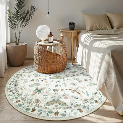 Lahome Insect Washable Round Rugs, Non-Slip Soft Round Rug 4ft Ultra-Thin, Small Boho Circle Carpet for Entryway Kitchen Bedroom Nursery Bathroom Vionnet, Beige