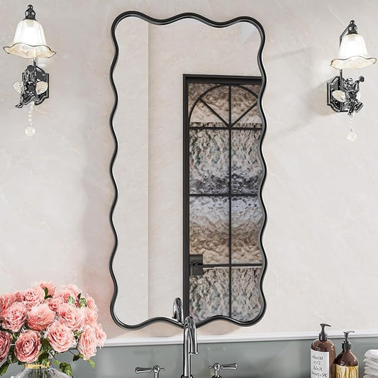 PROHOMEWARE 24 * 48" Black Bathroom Mirror for Wall,Wavy Rectangular Mirror,Vanity Mirror,Bathroom Mirrors for Wall-Mounted Metal Frame Mirror for Bedroom Entryway Living Room Farmhouse (Black)