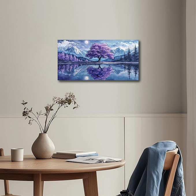 SERIMINO Tree of Life Large Wall Art, Fantasy Landscape Wall Decor, Purple Trees Canvas Painting, Snow Mountain Lake Modern Decor Prints, Moonlit Night Pictures Home Decor Living Room20 X40