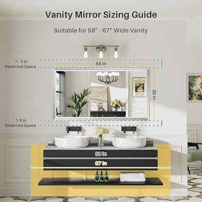 55x30 Inch Brushed Silver Bathroom Mirror for Wall, Thick Metal Framed Rectangle Mirrors for Over Sink, Bedroom, Living Room, Entryway, Anti-Rust, HD Tempered Glass