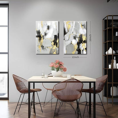 Framed Abstract Black Gold Wall Art Set of 2, Modern Black White Gold Canvas Prints Poster Picture for Living Room Bedroom Office Wall Decor 12 x 16 Inch