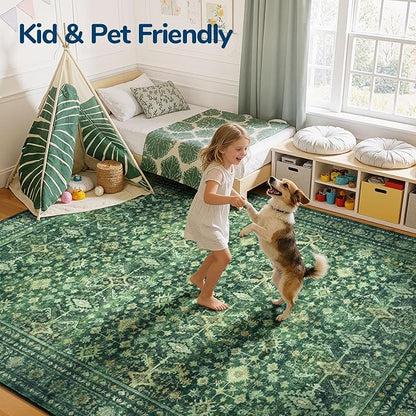 Lessymo Washable Area Rug for Living Room,8x10 Green Large Rugs with Non-Slip Backing,Soft Boho Carpets for Bedroom Dining Room Nursery Home Office