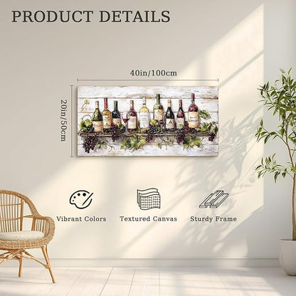 crmotu Wine Bottle Still Life Wall Art, Vintage Kitchen Large Canvas Paintings, Rustic Dining Room Artwork for Walls, Modern Pictures Wall Decor for Home Bar Wine Tasting Room Art Prints 20x40inch