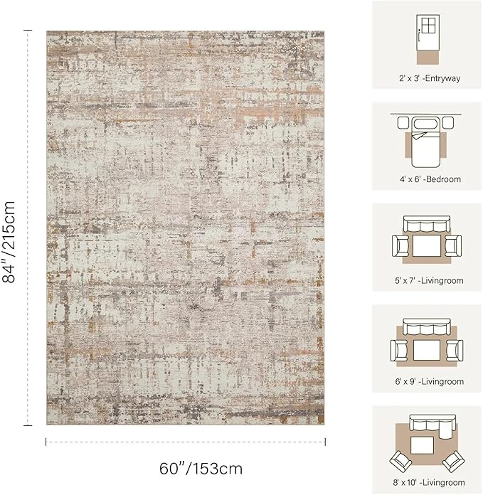 5x7 Area Rugs for Bedroom Living Room,Non-Slip Washable Modern Neutral Abstract Rugs for Dining Room, Foldable Thin Indoor Carpet Stain Resistant(Beige Grey)