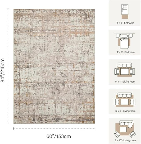 5x7 Area Rugs for Bedroom Living Room,Non-Slip Washable Modern Neutral Abstract Rugs for Dining Room, Foldable Thin Indoor Carpet Stain Resistant(Beige Grey)