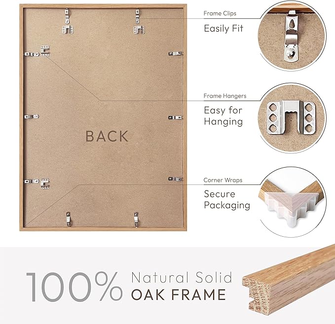 16x24 Wood Frame, Solid Oak 16x24 Poster Frames with Mat to 12x18(Openning Size is 11.7x17.7), Natural Oak 24x16 Frame, Set of 1