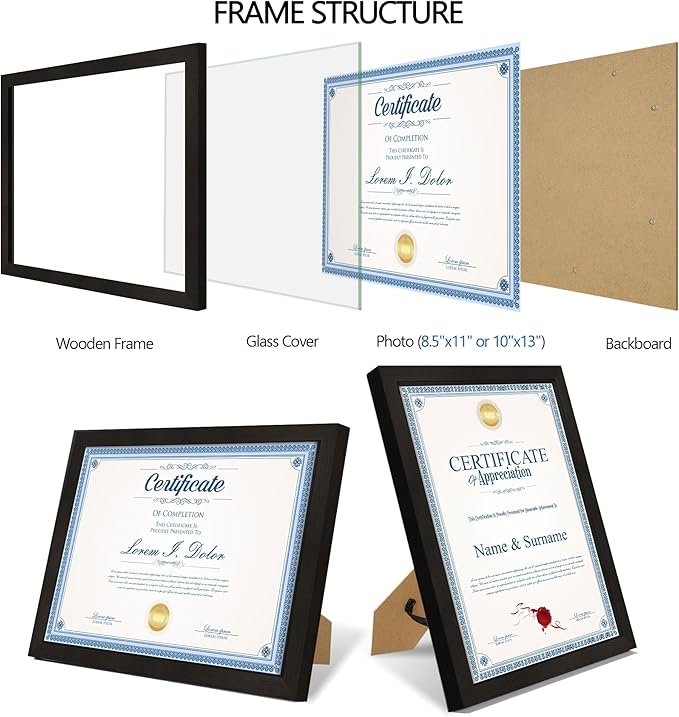 Hongkee 8.5x11 Diploma Frame with Tempered Glass, Multi Certificate 8.5 by 11 Photo Frame Bulk for Wall or Tabletop Display(Black, 3 Pack)