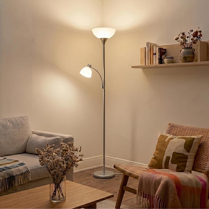Brightech Sky Dome Plus LED Floor lamp, Torchiere Super Bright Floor Lamp with Reading Lamp for Living Rooms & Offices - Dimmable Tall Standing Lamp for Bedroom Reading - Silver