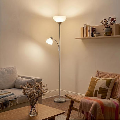 Brightech Sky Dome Plus LED Floor lamp, Torchiere Super Bright Floor Lamp with Reading Lamp for Living Rooms & Offices - Dimmable Tall Standing Lamp for Bedroom Reading - Silver