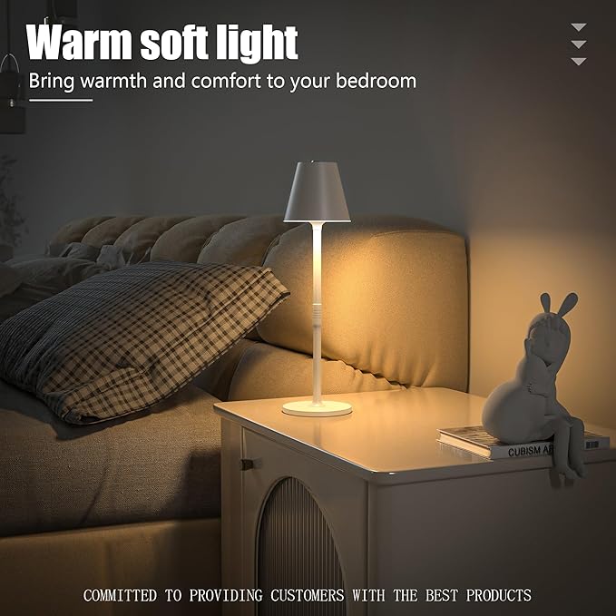 Timjorman Modern LED Cordless Table Lamp, 4000mAh Rechargeable Battery, 3 Level Brightness Night Light, Metal Shell, Minimalist Design, for Couples Dinner/Coffee Table/Restaurant/Bedroom, White