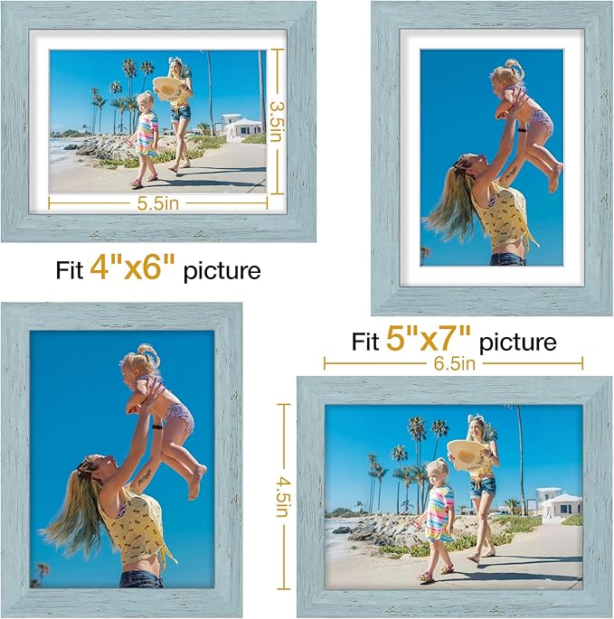 Vittanly 5x7 Picture Frames Set of 9, Display 4x6 Pictures with Mat or 5x7 without Mat, Photo Frames for Wall or Tabletop with Plexiglass, Engineered Wood, Rustic Blue