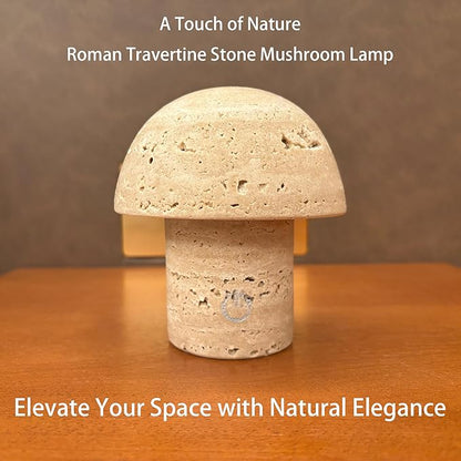 Natural Stone Mushroom Lamp - Handcrafted Travertine Night Light, Rechargeable with Type-C, Dimmable LED Accent Light for Bedroom & Living Room