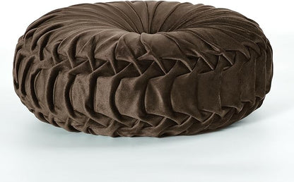 HIG Set of 2 Decorative Round Pleated Throw Pillows,Classy Accent Pumpkin Throw Pillows with Center Button,Vintage Velvet Floor Pillows for Sofa Vanity Chair Bed,Chocolate,14.5" Diameter(Ripple)