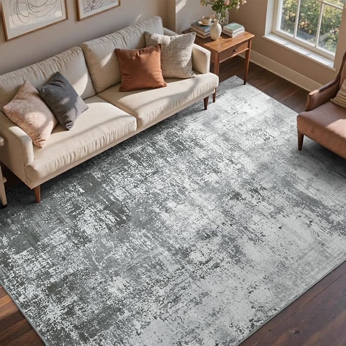 9x12 Ft Extra Large Washable Area Rugs for Living Room, Soft Non-Slip Modern Abstract Pattern Carpet for Bedroom Indoor Floor Nursery Home Decor (Grey)