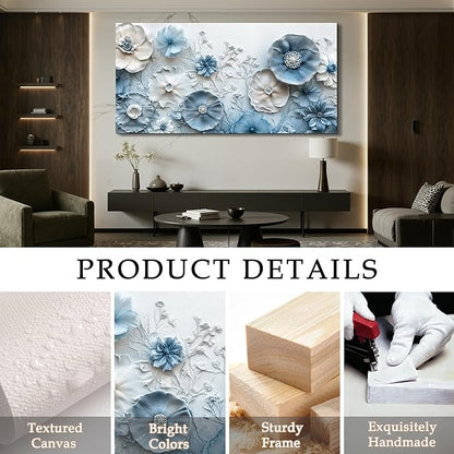 SERIMINO Flower Wall Art, Large Canvas Wall Art, Floral Wall Decor, Blue White Wildflowers Painting, Modern Abstract Botanical Prints, Nature Pictures for Living Room Bedroom Dining Room 24"x48"