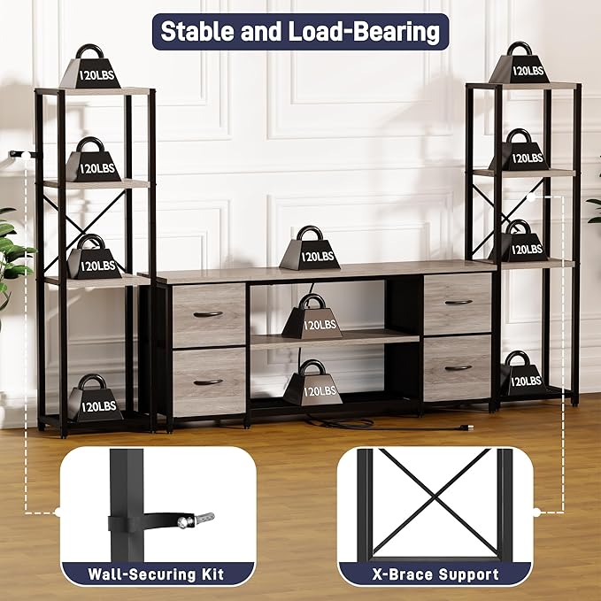 Yenlure LED TV Stand Bookshelf Combo with Charging Station for 65 60 55 Inch TV, Entertainment Center with Lights & Drawers, Industrial Media TV Console Table for Living Room Bedroom Office, Greige