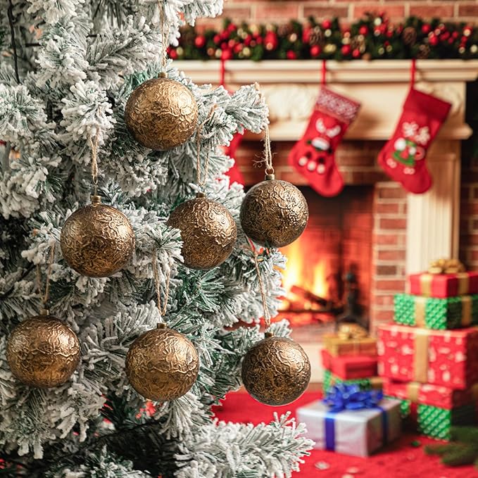 Suncalla 24 Pcs Farmhouse Christmas Ball Ornaments 3.15'' Vintage Antique Gold Christmas Tree Decor Rustic Distressed Neutral Ornaments with Loop Shatterproof Hanging Ball for Farmhouse Xmas Decor