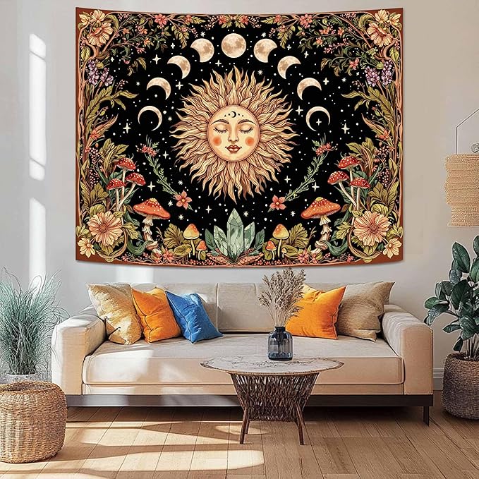 Neasow Sun and Moon Mushroom Tapestry, Vintage Orange Aesthetic Wall Art, Boho Retro Floral Mystic Decor for Living Room Bedroom Home, 36x48 inches