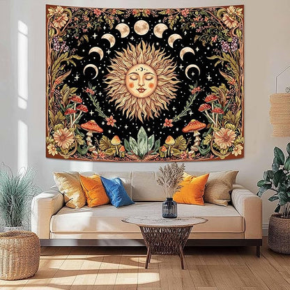 Neasow Sun and Moon Mushroom Tapestry, Vintage Orange Aesthetic Wall Art, Boho Retro Floral Mystic Decor for Living Room Bedroom Home, 36x48 inches