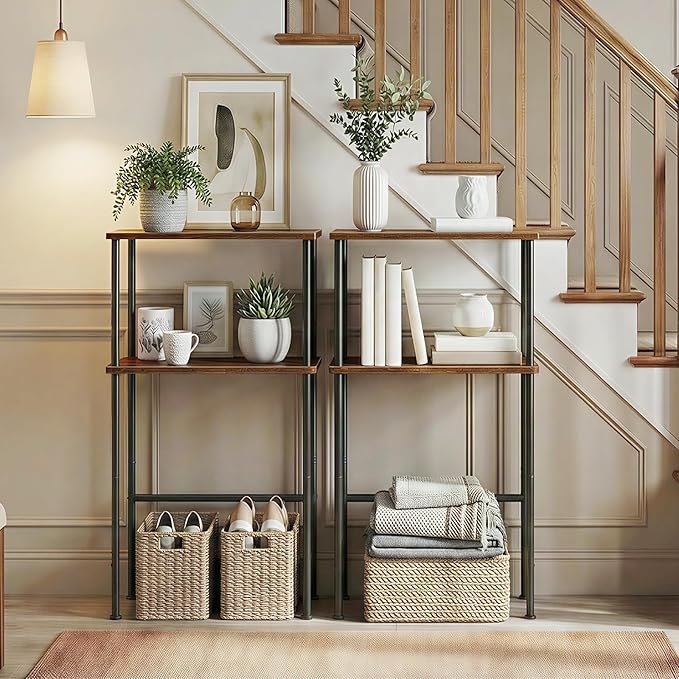 HOOBRO Narrow Console Table Set of 2 for Small Space, 15.7" Entryway Table with Storage, Sofa Table with 2 Shelves, Skinny Console Tables for Entryway, Hallway, Rustic Brown and Black BF40XGP201