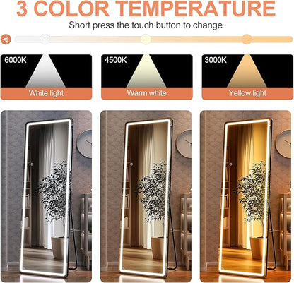 Full Length Mirror with Lights, 56" x 15.8" LED Lighted Floor Standing Body Mirror, Dimmable & 3 Color Lighting for Cloakroom, Dressing Room, Tempered Glass, Rounded Corner Black