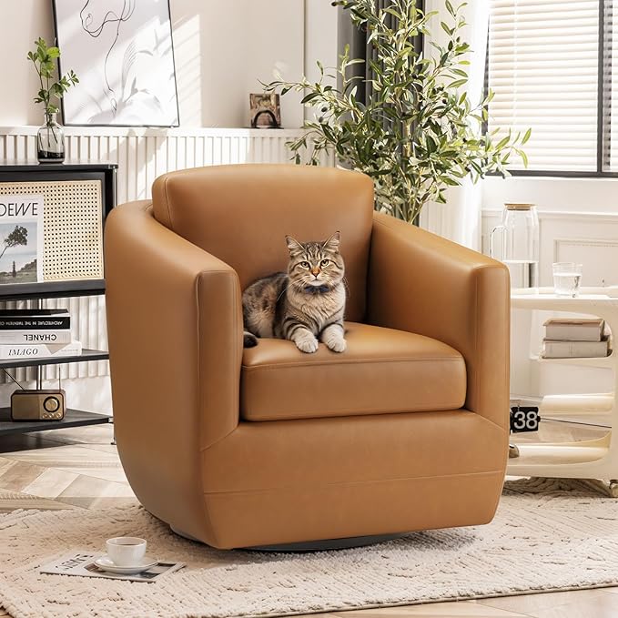 MALOL 360° Swivel Accent Chair- Comfy Living Room Armchair No-Sag Foam & Sturdy Metal Base with Pillow, Fully Assembled Swivel Accent Single Sofa for Bedroom, Office, Brown
