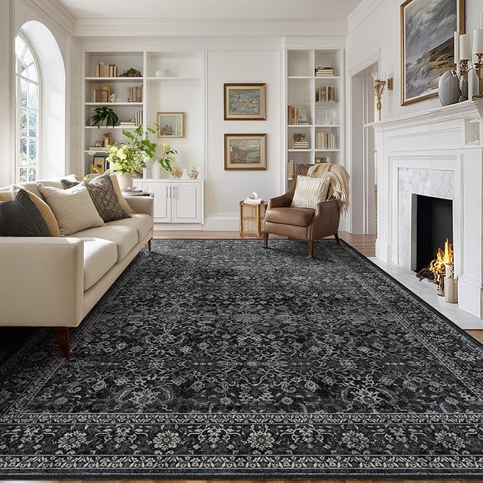 Vintage Dark 8x10 Area Rugs for Living Room, Retro Earth Tone Carpet Rug for Bedroom Dining Room, Low Pile Thin Washable Non Slip Room Carpet Rug for Home Office Guest Room Family Room