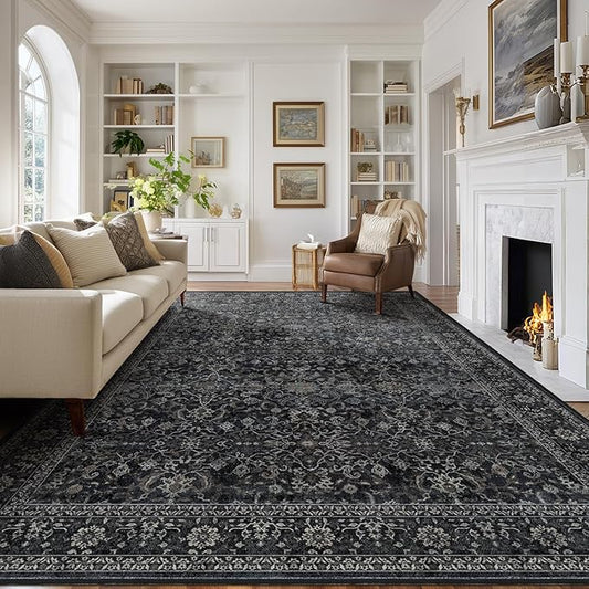 Vintage Dark 8x10 Area Rugs for Living Room, Retro Earth Tone Carpet Rug for Bedroom Dining Room, Low Pile Thin Washable Non Slip Room Carpet Rug for Home Office Guest Room Family Room