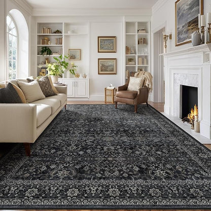 Vintage Dark Large Area Rugs 9x12 for Living Room, Earth Tone Big Room Carpet Rug for Bedroom Dining Room, Washable Carpet Rug with Rubber Backing Low Pile Thin Soft for Family Room, Midnight