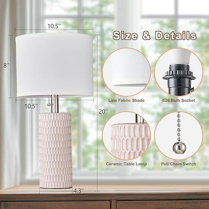 Reaketon Table Lamps for Living Room Set of 2, Ceramic Table Lamps for Bedroom, 20" Modern Lamps for Night Stands, Pink