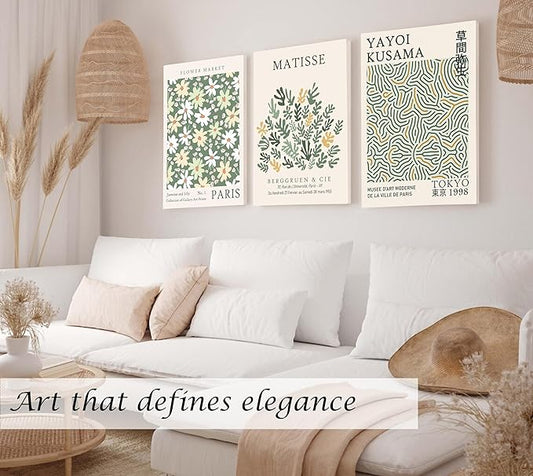 Induslyfe Large Framed Green Wall Art Canvas Decor Set of 3, Matisse Wall Art Framed Prints Posters Mid Century Modern Art, Aesthetic Floral Botanical Wall Art for Bedroom, Living Room, Bathroom 18x24