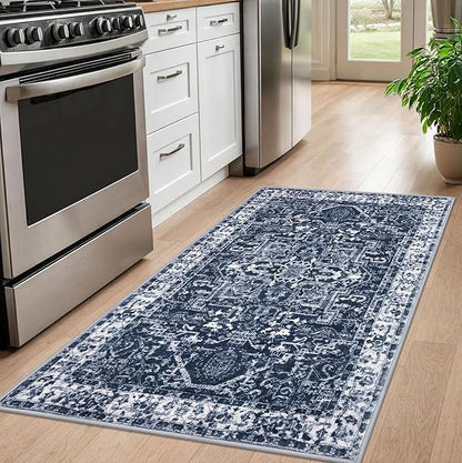 KOZYFLY Boho Area Rug 3x5 Ft Rugs for Entryway Washable Entry Rug Non Slip Door Mat Indoor Entrance Printed Faux Wool Throw Rugs for Entrance Kitchen Living Room, Navy/Grey