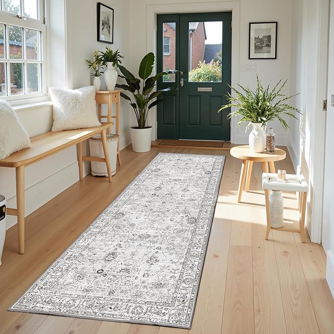 Grey Runner Rug for Hallways Kitchen 2x6, Non Slip Washable Rug with Rubber Backing Soft Floral Carpet Runner for Hallways, Kitchen, Laundry, Bedroom, Bathroom