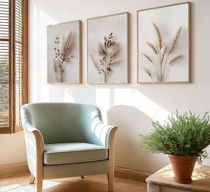 3Pcs Beige Neutral Floral Botanical Canvas Wall Art Modern Minimalist Beige Flower Plant Painting Wall Decor Poster Print Artwork for Living Room Bedroom Bathroom Home Decortion Unframed