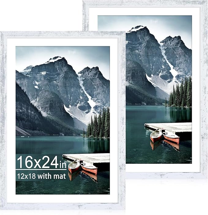 iRahmen 16x24 Picture Frame Set of 2 with Plexiglass, Distressed White Poster Frame Display Picture 12x18 with Mat or 16 x 24 Without Mat, Wood Photo Frame for Wall Mounting