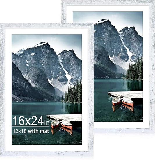 iRahmen 16x24 Picture Frame Set of 2 with Plexiglass, Distressed White Poster Frame Display Picture 12x18 with Mat or 16 x 24 Without Mat, Wood Photo Frame for Wall Mounting