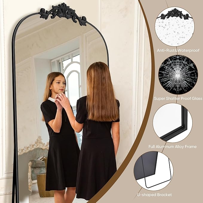 Antok Arched Full Length Mirror, 81"x41" Floor Mirror with Carved, Full Body Mirrors for HomeDecor, Standing/Halling Large Wall Mirror for Bedroom, Living Room, Cloakroom, Black, Retro Style