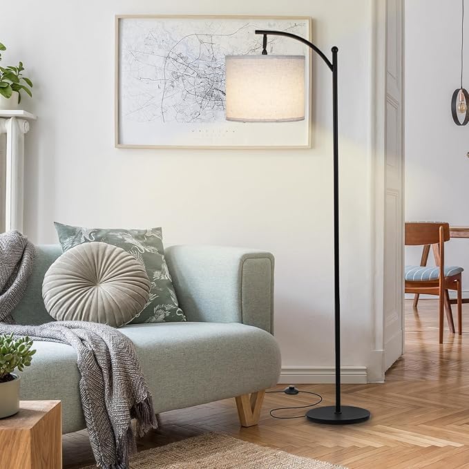 LALISU Modern Floor Lamp, 3-Ways Dimmable Standing Lamp with Linen Shade, Adjustable Height, Foot-Step Switch, Reading Lamp for Living Room, Bedroom, Office, 9W Bulb Included (Black)