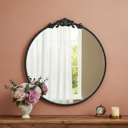 ZIYOO Vintage Baroque Round Wall Mirror 24"x24", Black Ornate Carved Frame Decor Mirror for Entryway Living Room Bedroom Hallway (Black Metal,24"x24")