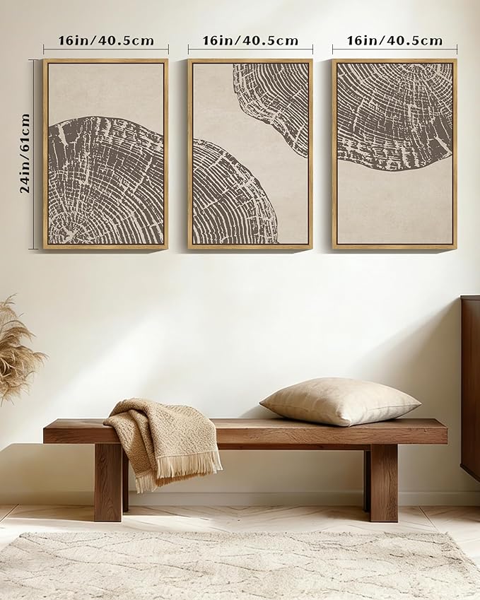 PHOPAGO Farmhouse Vintage Framed Wall Art Large 16x24in Set Gray Wood Tree Ring Spirals Nature Abstract Drawings Rustic Modern Art Decor for Living Room Bedroom - Natural Framed