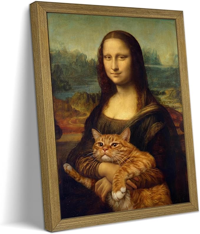 Funny Mona Lisa Cat Wall Art, Vintage Renaissance Mona Lisa Holding Orange Tabby Cat Canvas Print, Classic Abstract Art Painting Poster for Bathroom Living Room Bedroom Home Decor 12x16 Inch Framed
