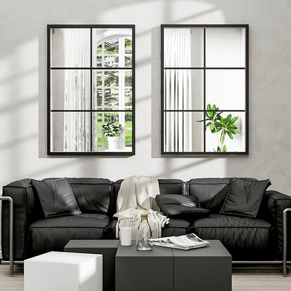 Dewfig Rectangle Wall Mirror, Window Mirror Wall Mounted, 24"x36"in Window Pane Mirrors, Large Black Mirrors for Hanging or Leaning Against Wall Bedroom Vanity Living Room Fireplace Entryway,Black
