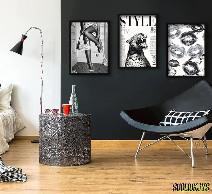3Pcs Trendy Black and White Leopard Canvas Wall Art Vintage Newspeper Cheetah Wall Decor Fashion Girl Poster Heels Lips Picture Luxury Feminist Painting Print Poster Artwork for Apartment Dorm 12x16in Unframe