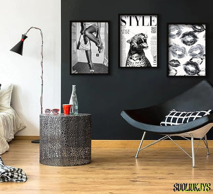 3Pcs Trendy Black and White Leopard Canvas Wall Art Vintage Newspeper Cheetah Wall Decor Fashion Girl Poster Heels Lips Picture Luxury Feminist Painting Print Poster Artwork for Apartment Dorm 12x16in Unframe