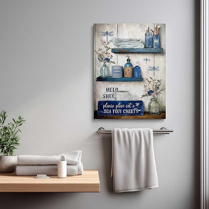 MAQCM Navy Blue Bathroom Decorative Wall Art Rustic Blue Bathroom Canvas Wall Decorative Please Sit In Your Own Logo Painting Painting Retro Aesthetic Pictures Artwork Decoration 16x24 Inches