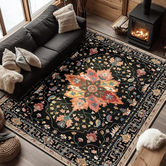 RELEANY Area Rugs 6'x8' Washable Non-Slip, Floral Vintage Distress Print Pattern Medallion Carpet for Living Room Bedroom Dining Room, Black Colorful Floral Dark Tan