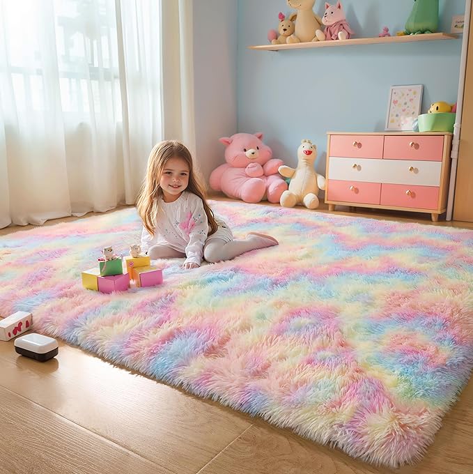 KICHOWUA Area Rug 5x7 Rainbow Fluffy Shag for Girls Bedroom,Ultra Soft Unicorn Plush Fuzzy Washable Thickened Non-Slip Carpet, Pastel Furry Shaggy Rug for Living Room Kids Boys Nursery Dorm